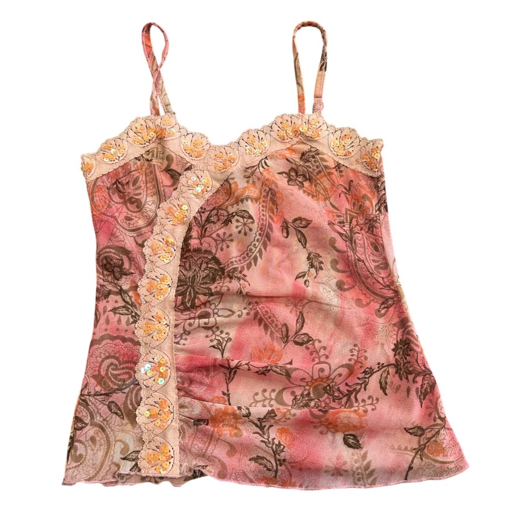 Pink Paisley Floral Mesh Tube Top Sequin Lace Garter Straps Y2K Boho Strapless